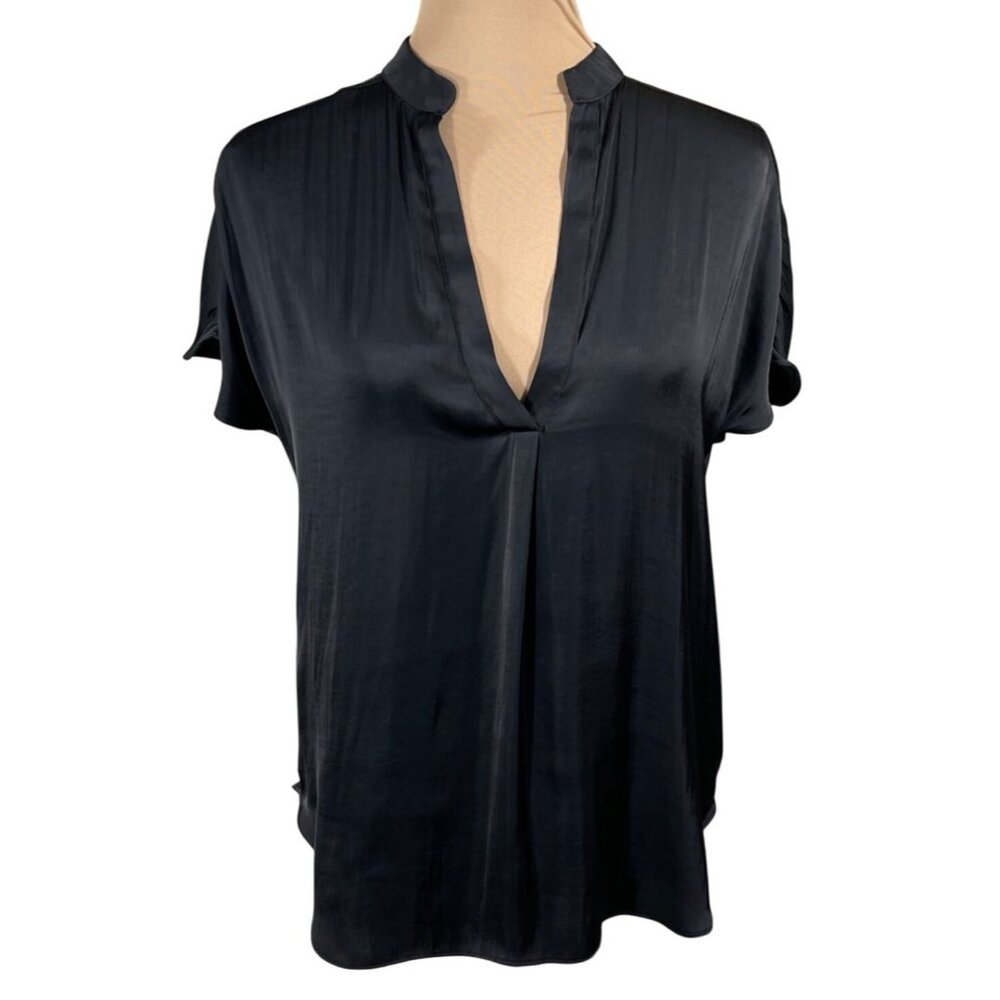 Reset Women's Blouse Top Black Satin Finish V-Neck Size S Small